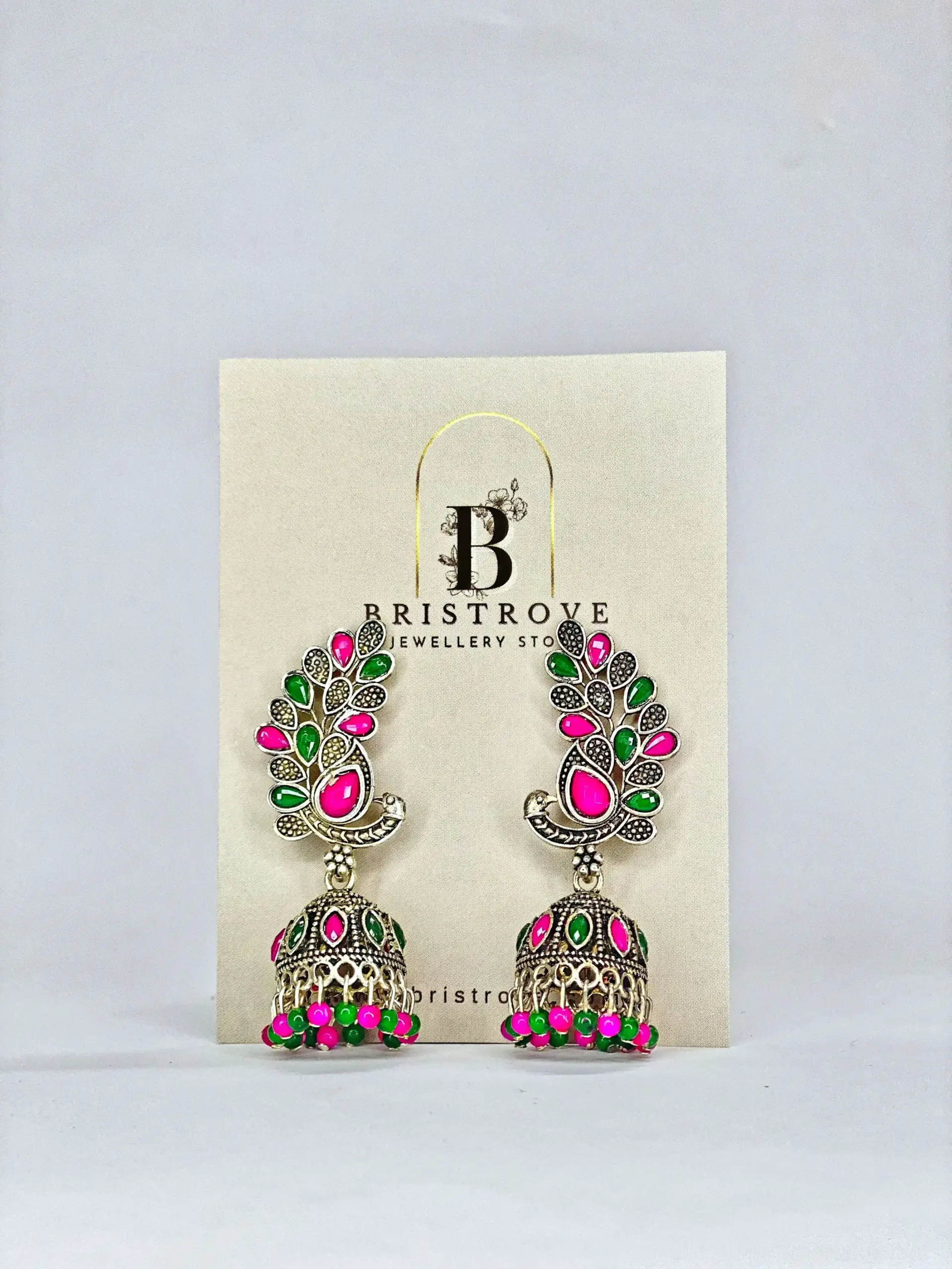 Peacock Jhumkas Pink & Green