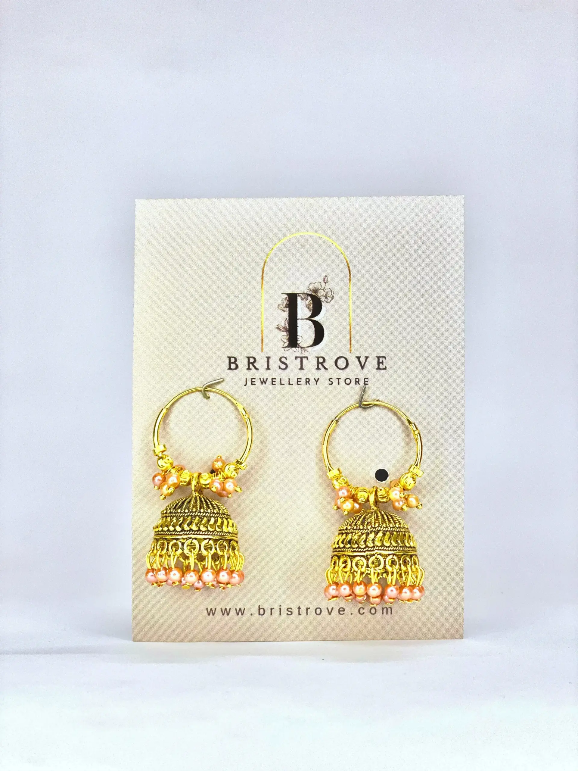 Gold Hoop Jhumkas with Peach Pearls