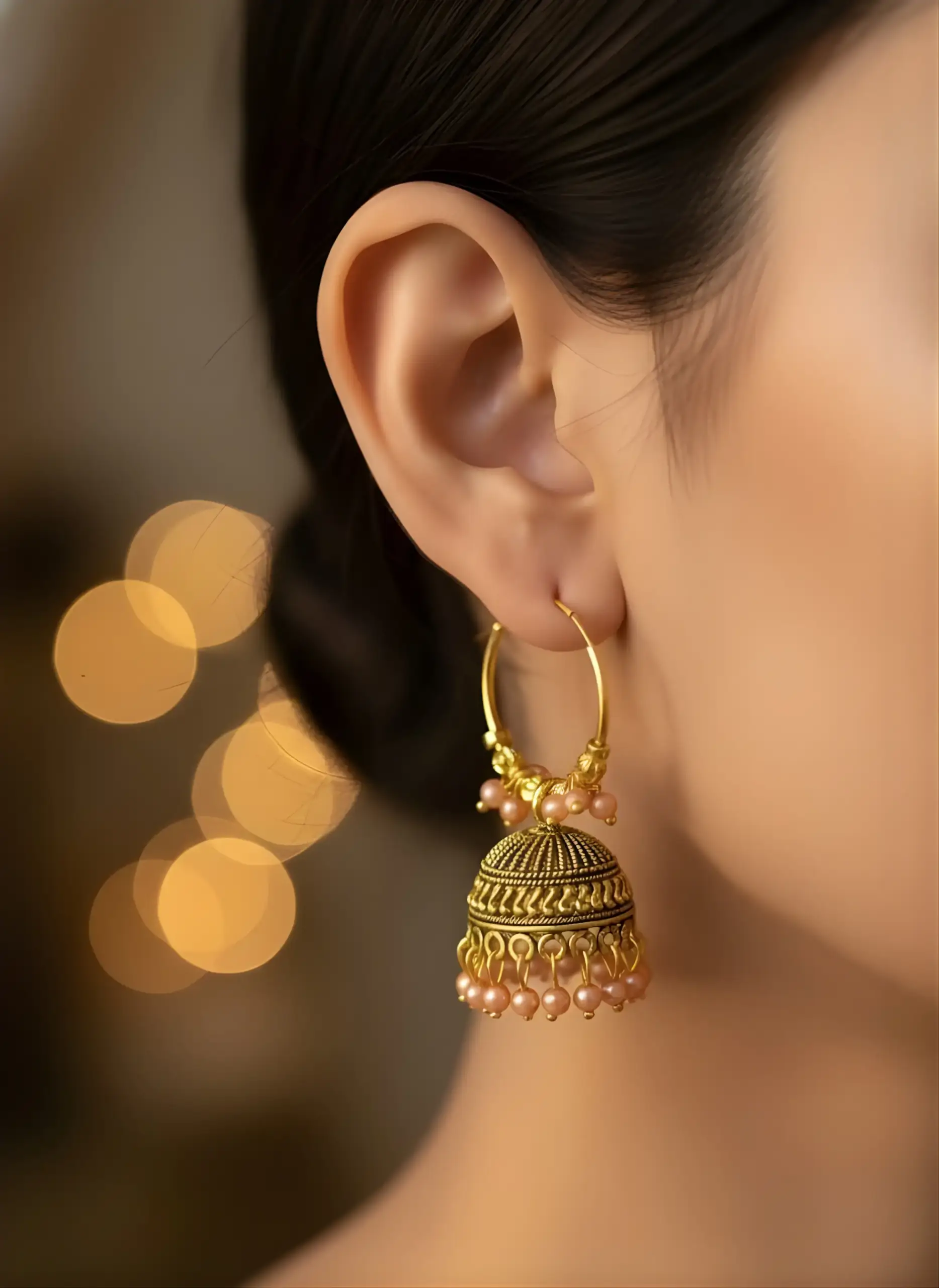 Gold Hoop Jhumkas with Peach Pearls - Image 2