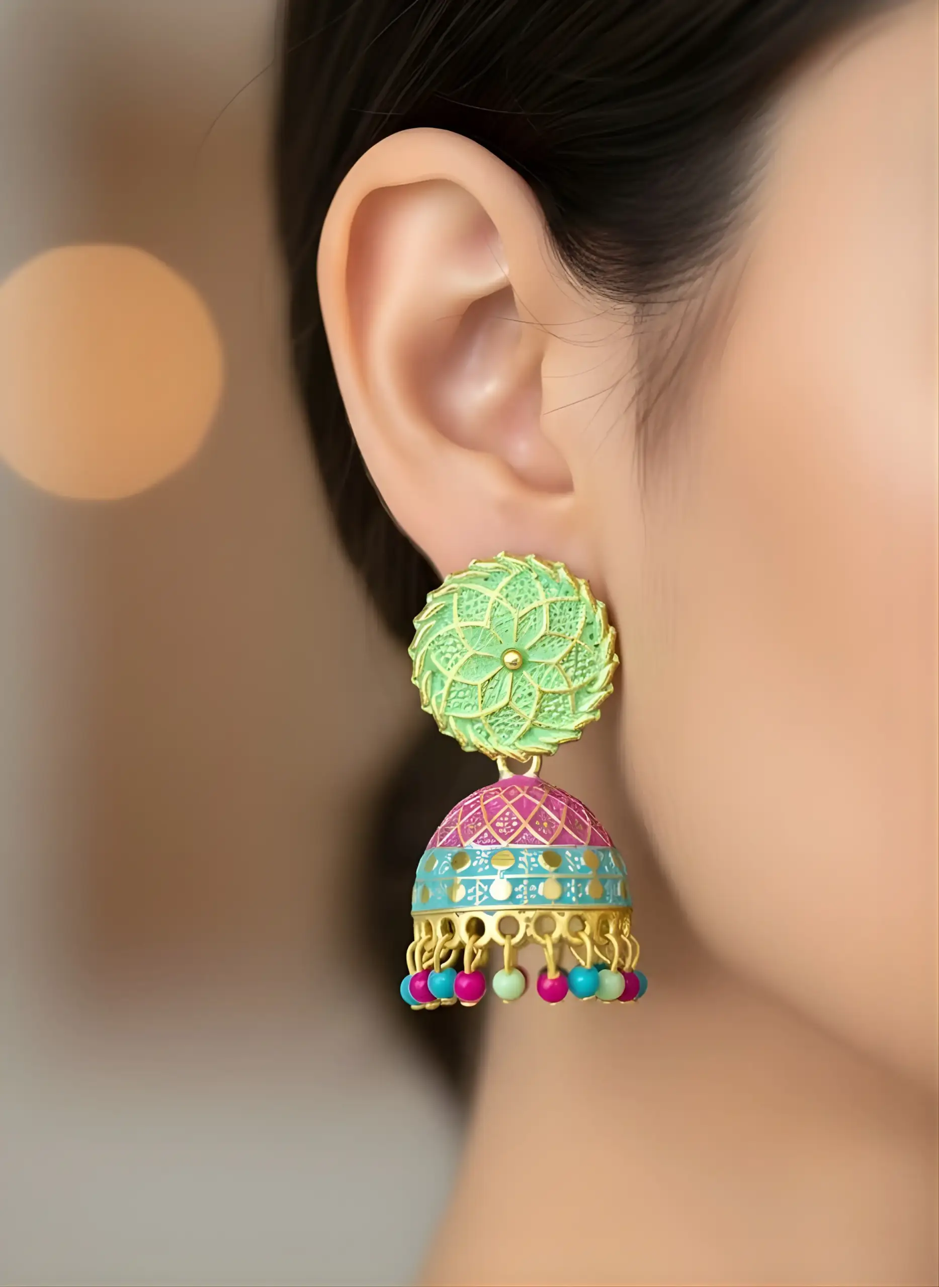 Mint & Fuchsia Meenakari Jhumkas - Image 2